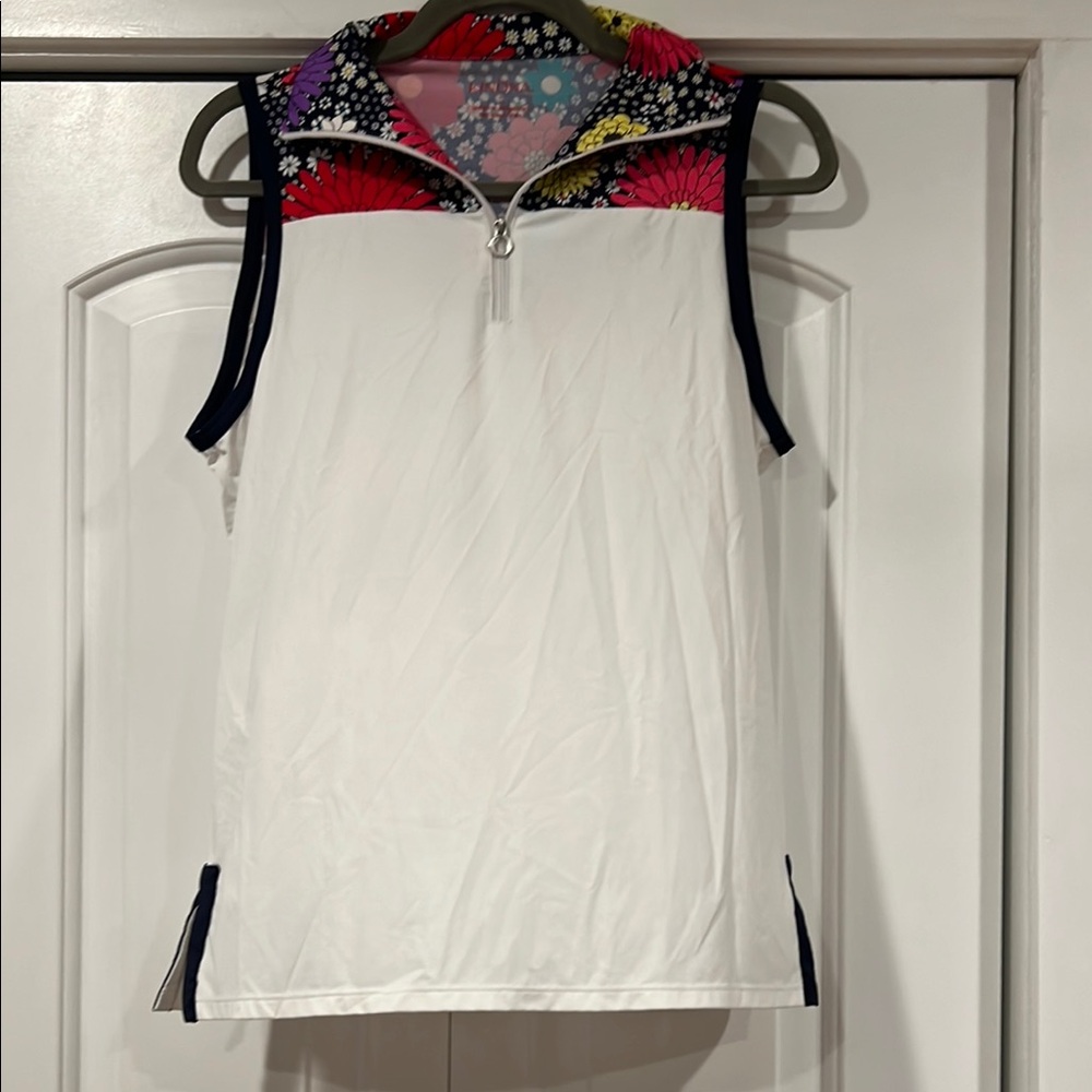 Kinona White and Blue Sleeveless Polo Tank Top small golf